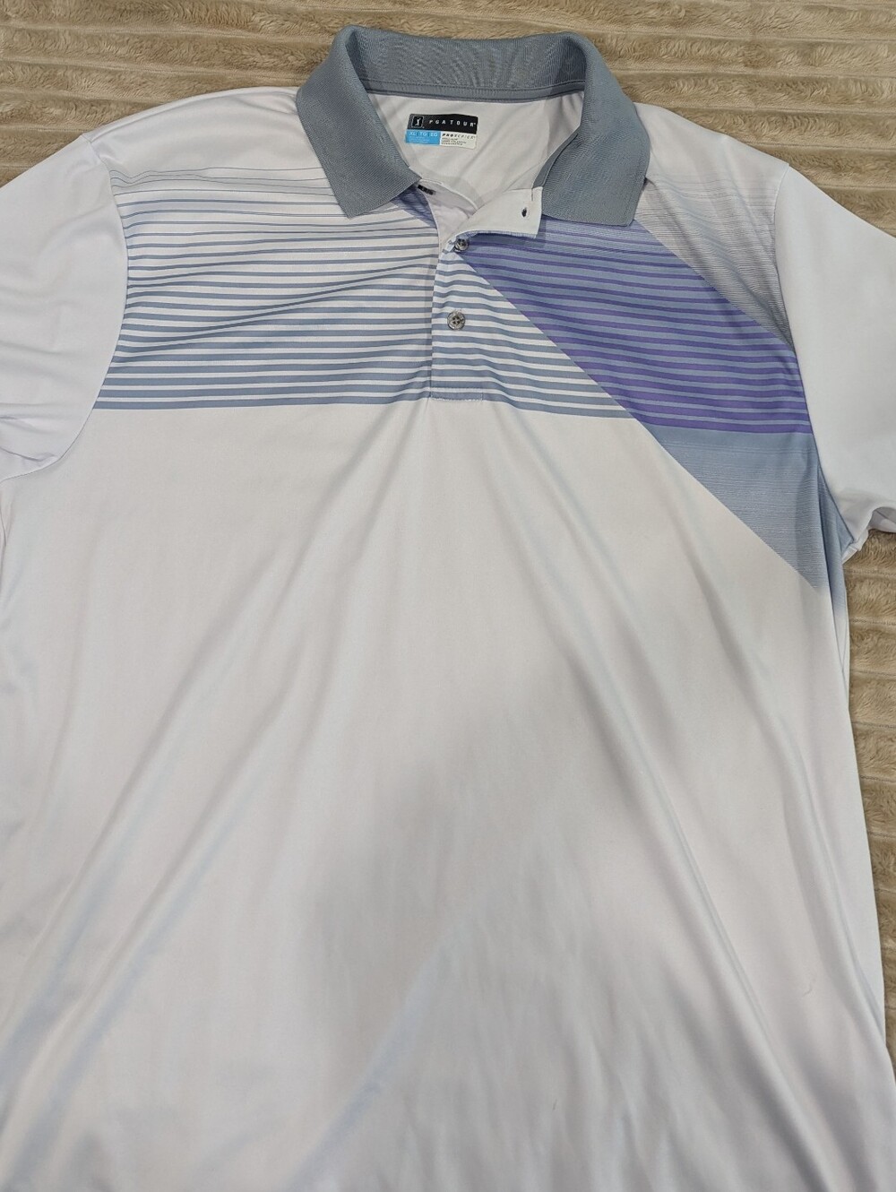 PGA Tour. Men's White Golf Polo with Light Blue and Periwinkle Stripe Accents